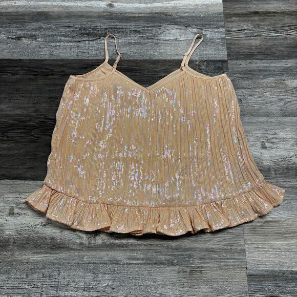 Anthropologie Amelie Pink Womens 6 M Spaghetti Strap Sequin Ruffled Hem Cami Top - Picture 2 of 8
